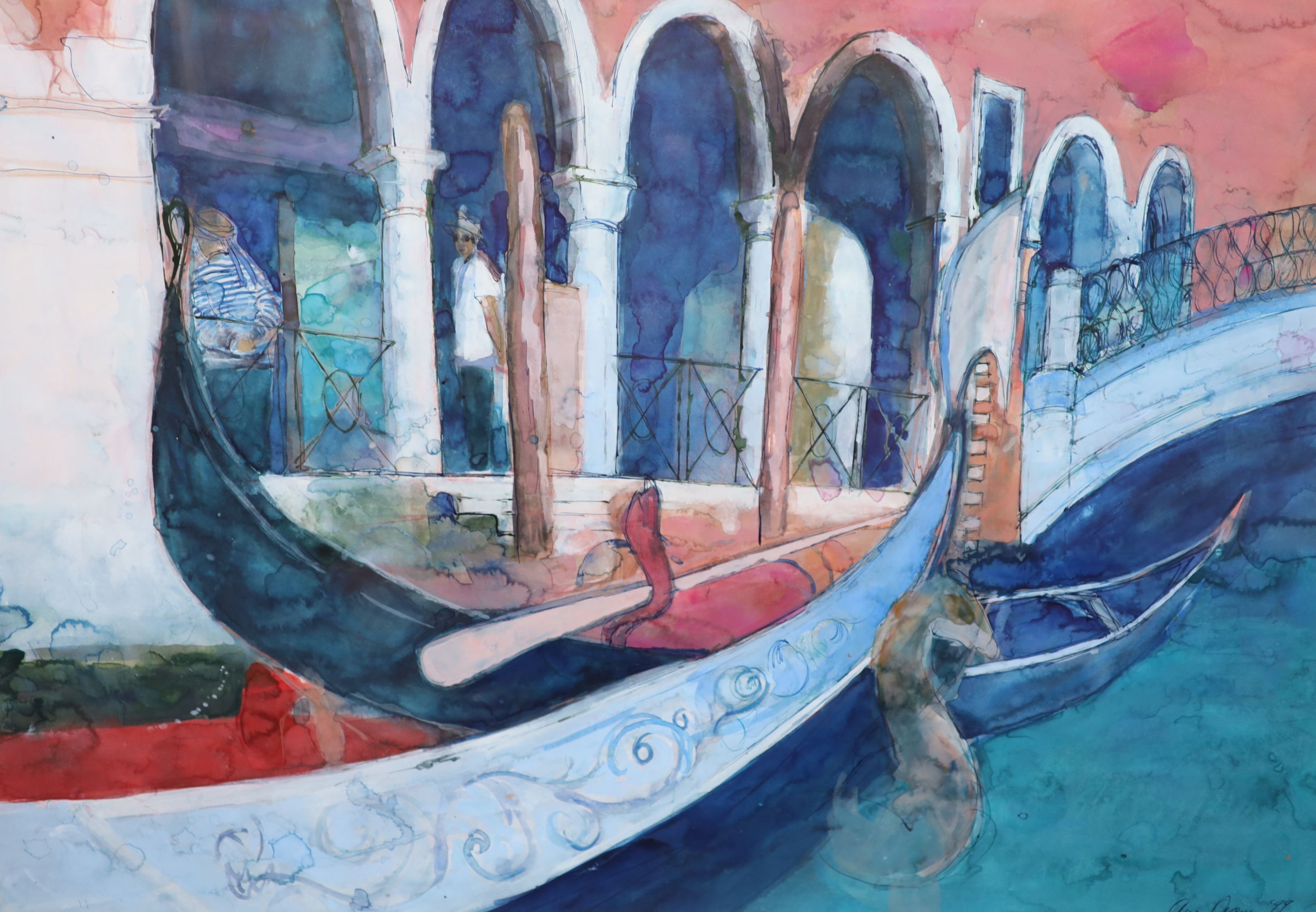 Ann Oram (b.1956), mixed media on paper, Venetian Gondoliers, signed and dated '99, The Scottish Gallery label verso, 53 x 73cm